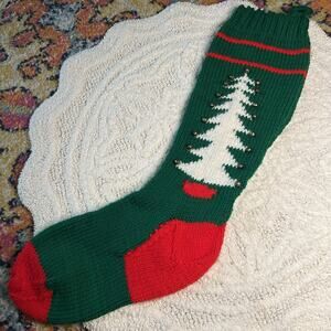 Vintage Long Big Hand Knit Stocking Tree Silver Bells Red Green White Kitschy